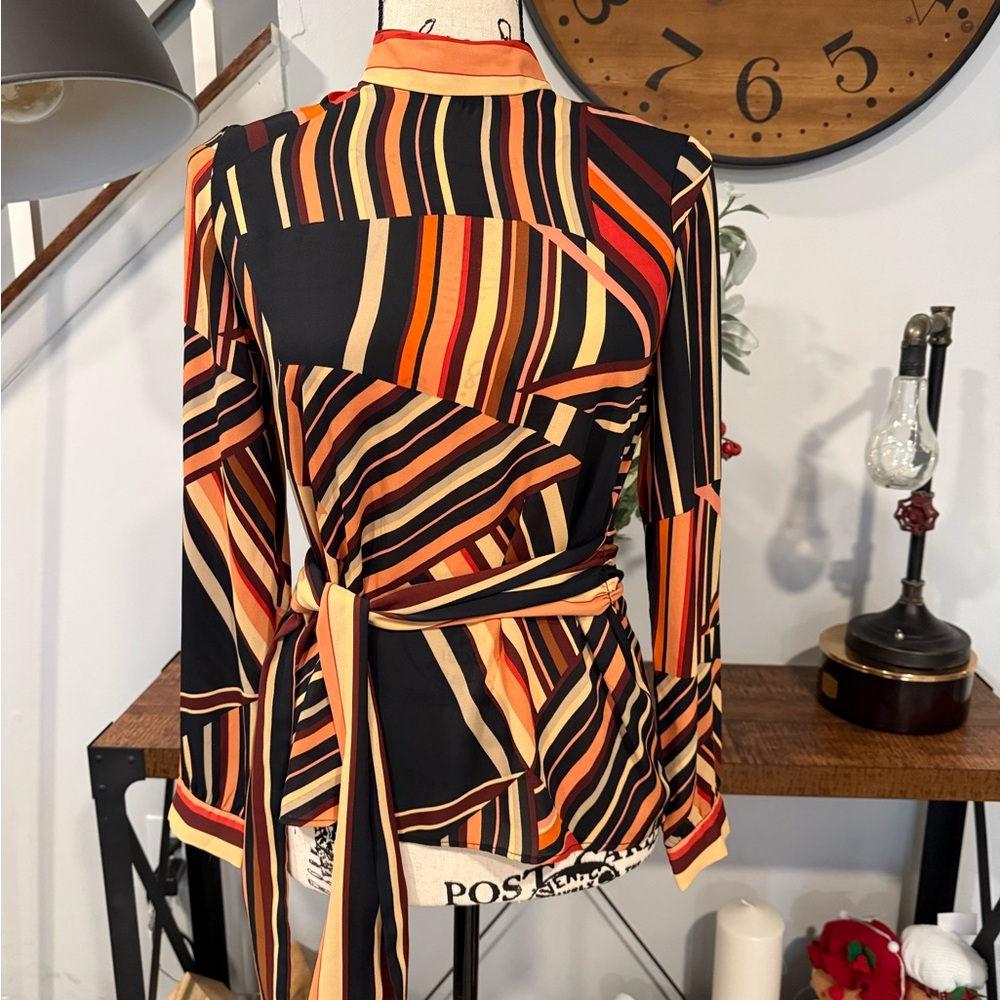 Zara Black and Orange Wrap Blouse with Mandarin Collar size XS
